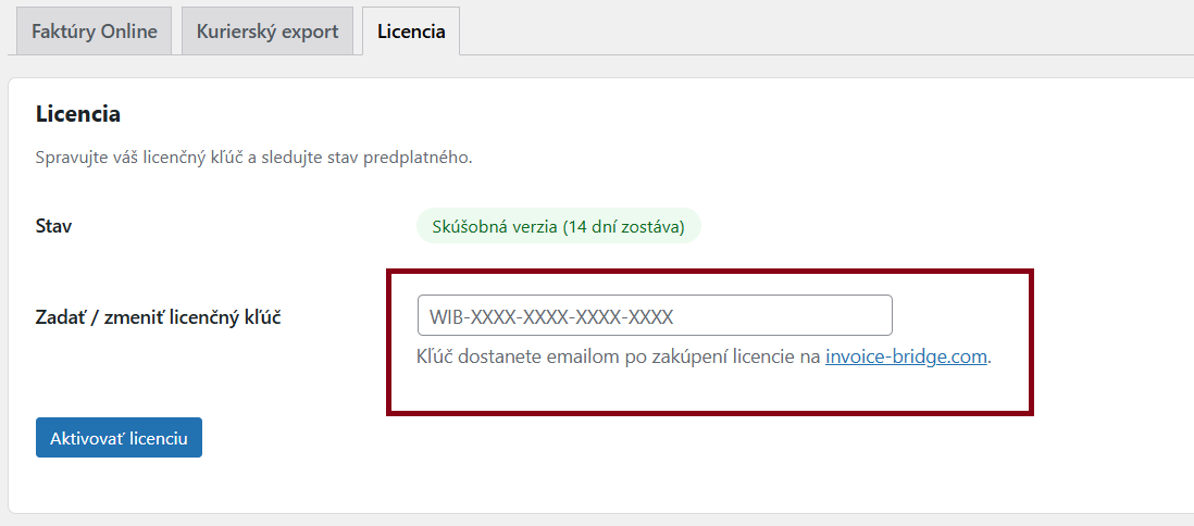 Licencia — aktivácia PRO kľúča