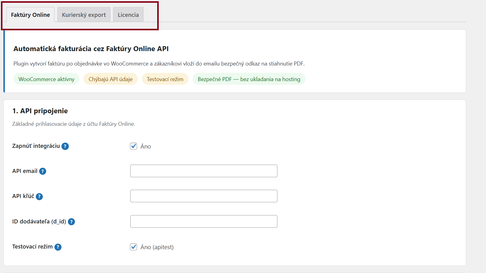 Plugin nastavenia — API pripojenie